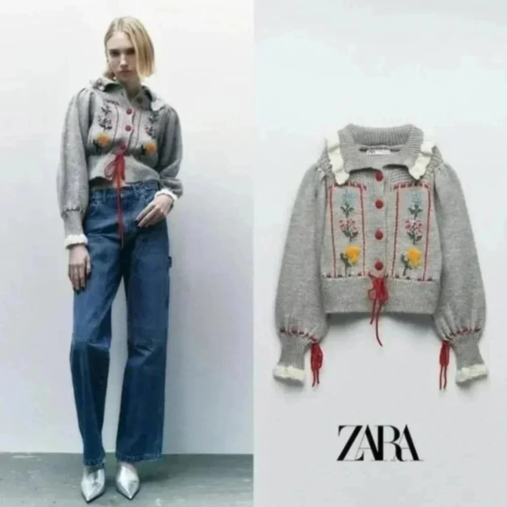 ZARA Jacquard Collared Floral Knit Cardigan